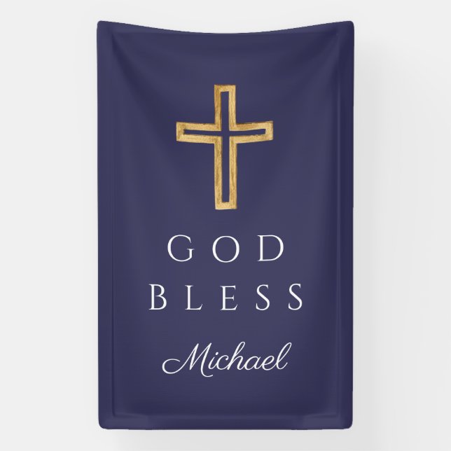 Elegant Navy Blue Religious Cross Boy Gott segne Banner (Vertikal)