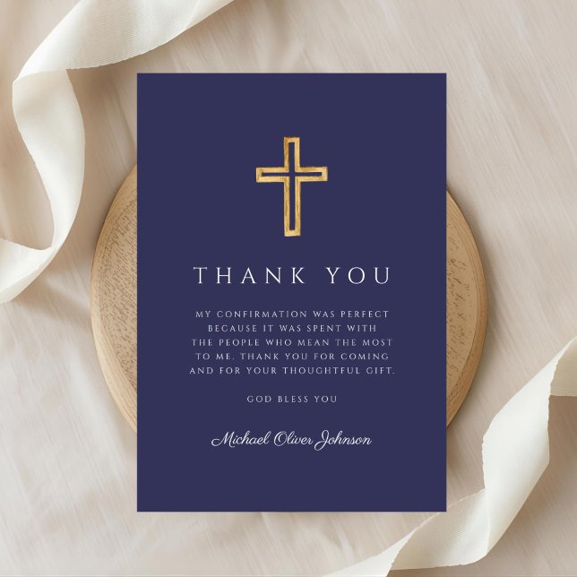 Elegant Navy Blue Religious Cross Confirmation Dankeskarte (Elegant Navy Blue Religious Cross Confirmation Thank You Card)