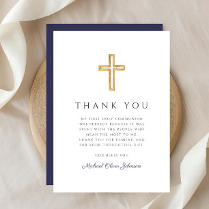 Elegant Navy Blue Religious Cross First Communion Dankeskarte