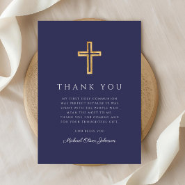 Elegant Navy Blue Religious Cross First Communion Dankeskarte