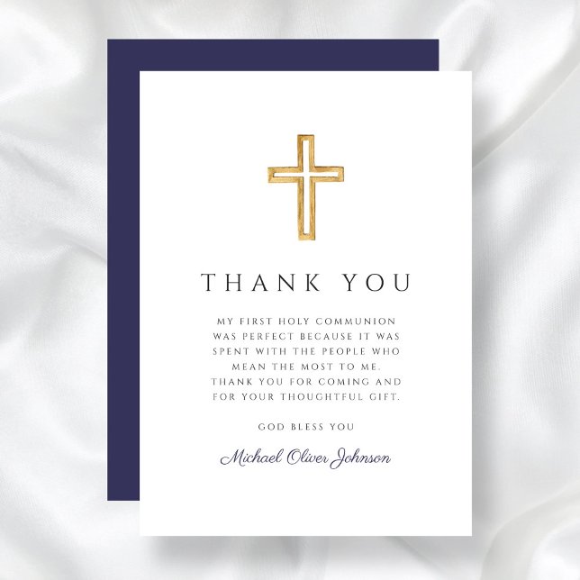 Elegant Navy Blue Religious Cross First Communion Dankeskarte (Elegant Navy Blue Religious Cross First Communion Thank You Card)