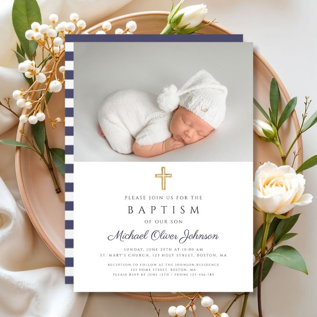 Elegant Navy Blue Religious Cross Foto Taufe Einladung (Elegant Navy Blue Religious Cross Photo Baptism Invitation)
