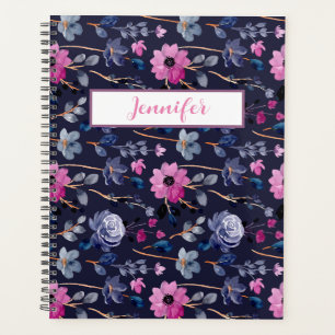 Elegant Navy Blue Rosa Blütenblüte Planer