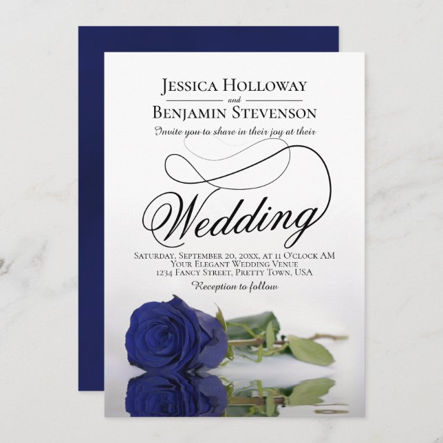 Elegant Navy Blue Rose Classy Script Wedding Einladung (Vorne/Hinten)