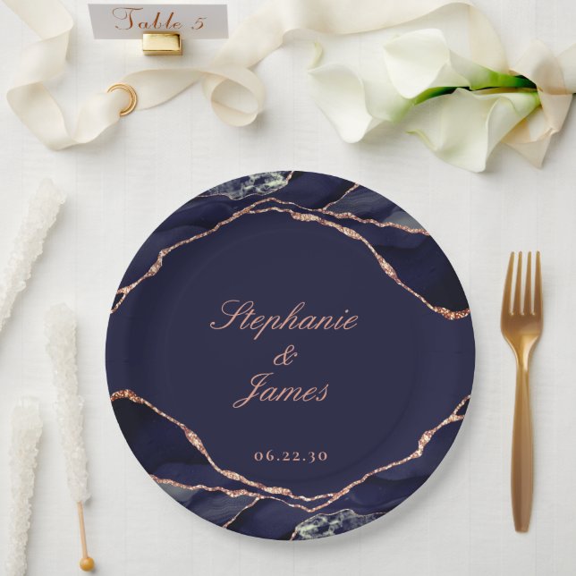 Elegant Navy Blue Rose Gold Foil Agate Wedding Pappteller (Hochzeit)