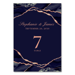 Elegant Navy Blue Rose Gold Foil Agate Wedding Tischnummer