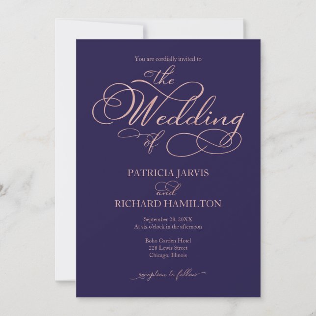 Elegant Navy Blue Rose Gold Foil Script Hochzeit Einladung (Vorderseite)