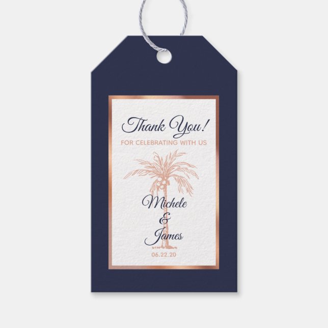 Elegant Navy Blue Rose Gold Palm Tree Hochzeit Geschenkanhänger (Vorderseite)