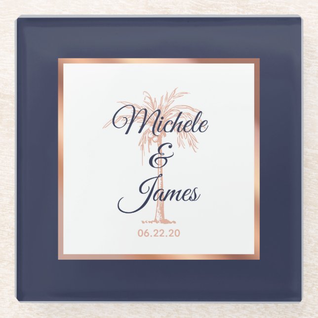 Elegant Navy Blue Rose Gold Palm Tree Hochzeit Glasuntersetzer (Vorderseite)