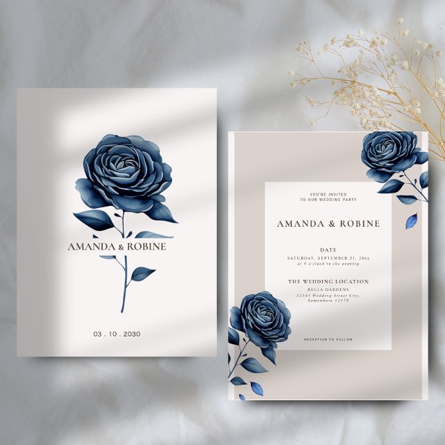 Elegant Navy Blue Rose Wedding Einladung (Von Creator hochgeladen)