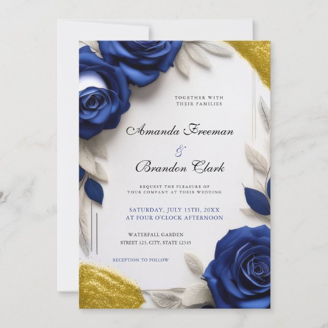 Elegant Navy Blue Roses & Gold Glitter Wedding Einladung (Vorderseite)