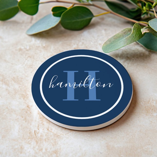 Elegant Navy Blue Round Custom Monogram Initial Getränkeuntersetzer (Von Creator hochgeladen)