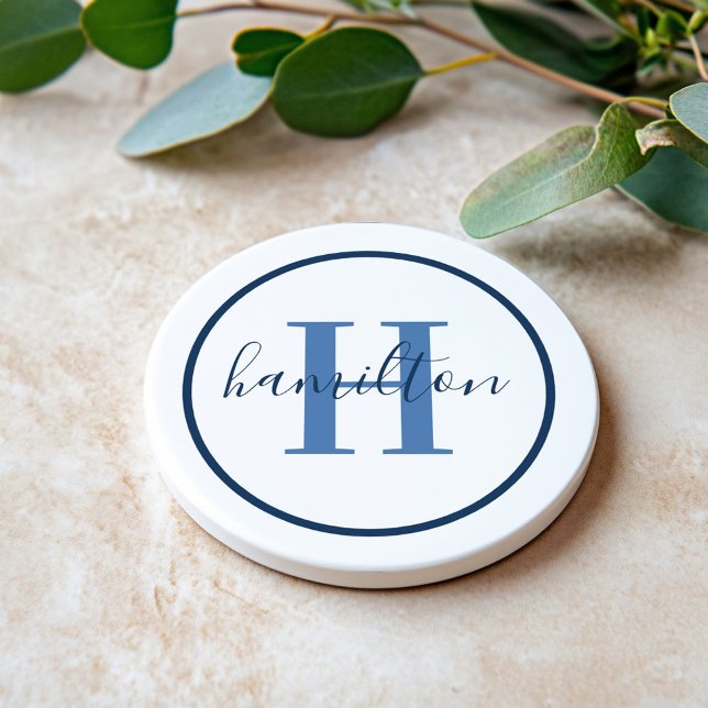 Elegant Navy Blue Round Custom Monogram Initial Getränkeuntersetzer (Von Creator hochgeladen)
