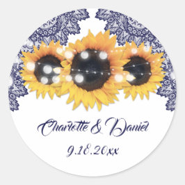Elegant Navy Blue Rustic Sunflower Wedding Runder Aufkleber