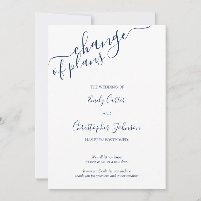 Elegant Navy Blue Script Änderung der Pläne Card Save The Date (Vorderseite)