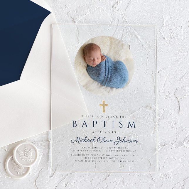 Elegant Navy Blue Script Boy Foto Taufe Acryleinladungen (Elegant Navy Blue Script Boy Photo Baptism Acrylic Invitations)