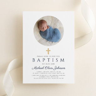 Elegant Navy Blue Script Boy Foto Taufe Einladung