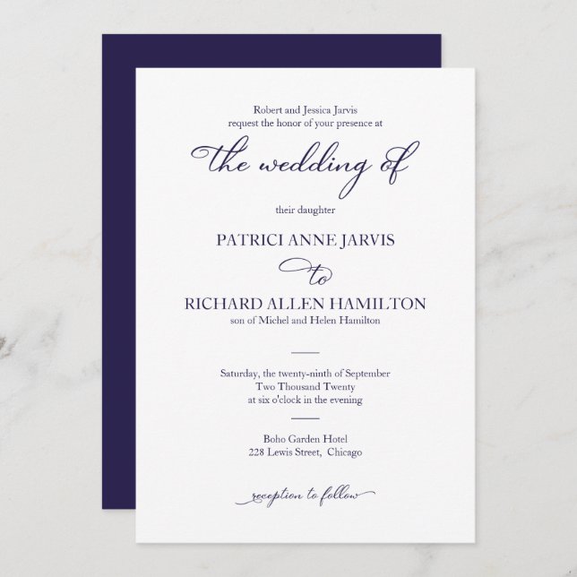 Elegant Navy Blue Script Classic Wedding Einladung (Vorne/Hinten)