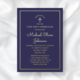 Elegant Navy Blue Script First Communion Gold Folieneinladung