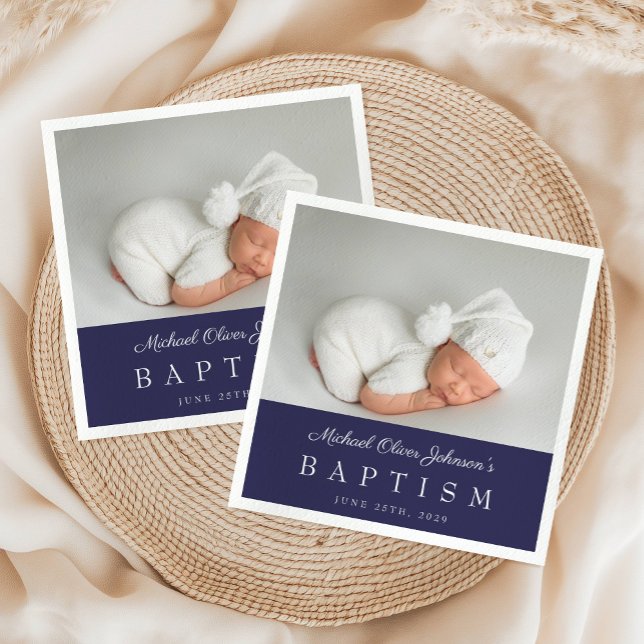 Elegant Navy Blue Script Foto Taufe Serviette (Elegant Navy Blue Boy Photo Baptism Napkins)