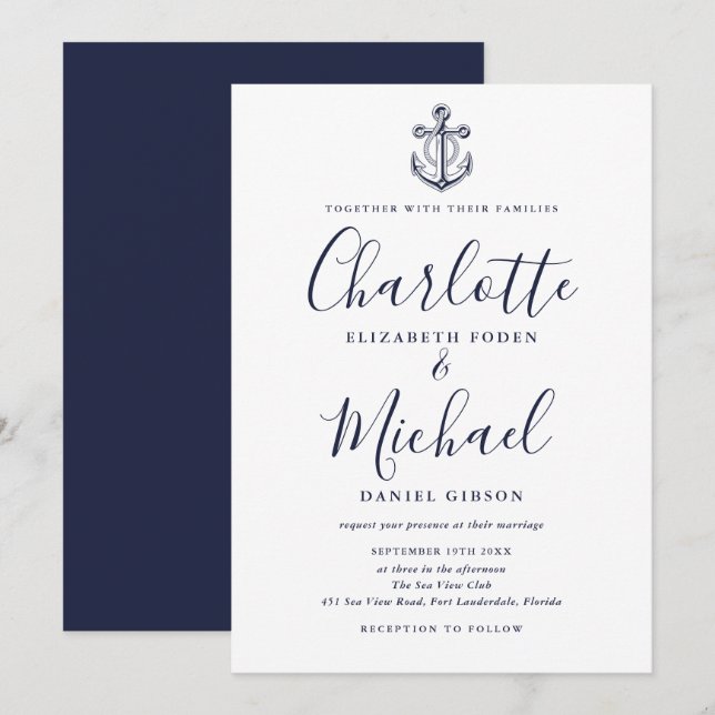Elegant Navy Blue Script Nautical Anchor Hochzeit Einladung (Vorne/Hinten)