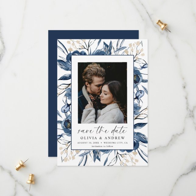 Elegant Navy Blue Script Photo Floral Wedding Save The Date (Vorderseite/Rückseite Beispiel)