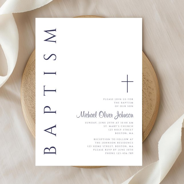 Elegant Navy Blue Script Taufe Einladung (Elegant Navy Blue Script Baptism Invitation)