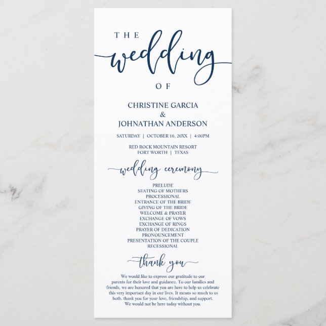 Elegant Navy Blue Script, Unsere Hochzeitsfeier Programm (Vorderseite)