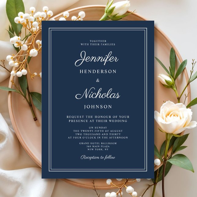 Elegant Navy Blue Script Wedding Einladung (Elegant Navy Blue Script Wedding Invitation)