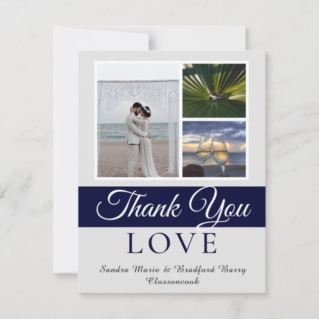 Elegant Navy Blue Script Wedding Foto Collage Dankeskarte (Vorderseite)