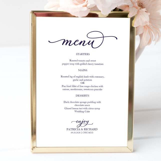 Elegant Navy Blue Script Wedding Menu Sign Poster (Von Creator hochgeladen)