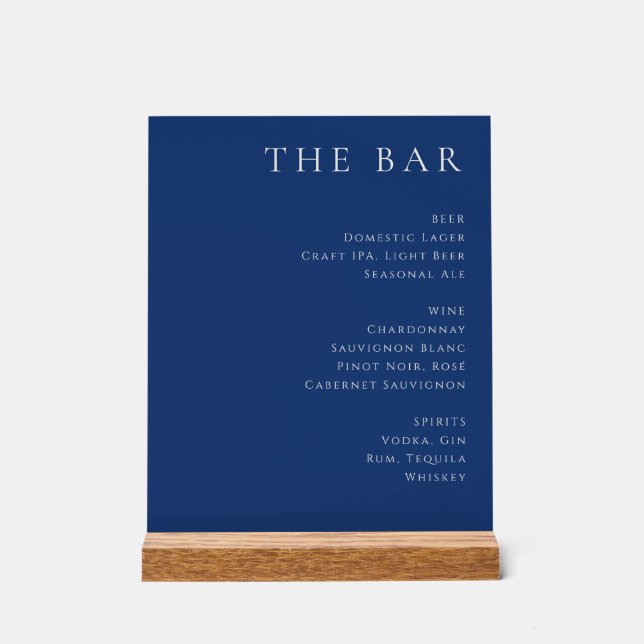 Elegant Navy Blue Serif Bar Menu Acrylschild (Vorderseite)