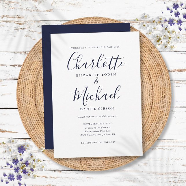 Elegant Navy Blue Signature Script Hochzeit Einladung (Elegant Navy Blue Signature Script Wedding Invitation)