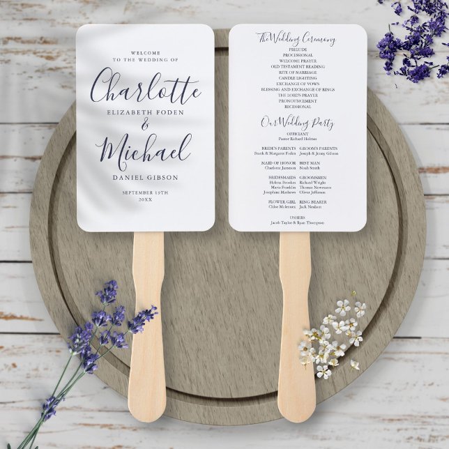 Elegant Navy Blue Signature Script Hochzeitsprogra Fächer (Elegant Navy Blue Signature Script Wedding Program Hand Fan)