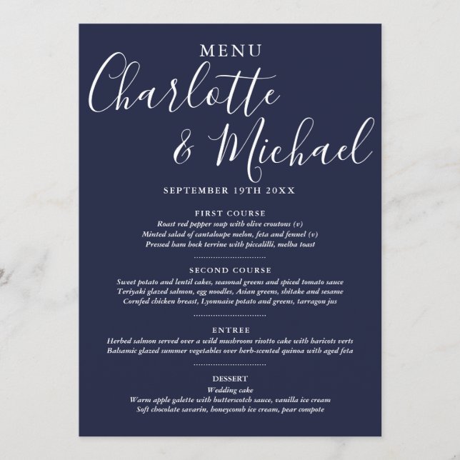 Elegant Navy Blue Signature Script Wedding Menu Menükarte (Vorderseite)