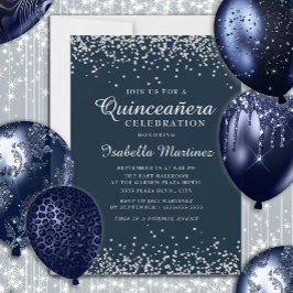 Elegant Navy Blue Silver Confetti Quinceañera Einladung
