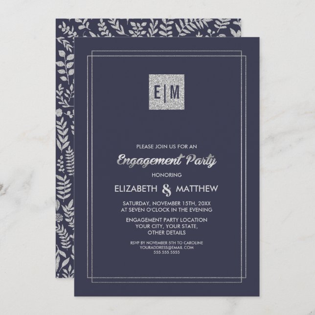 Elegant Navy Blue | Silver Engagement Party Einladung (Vorne/Hinten)