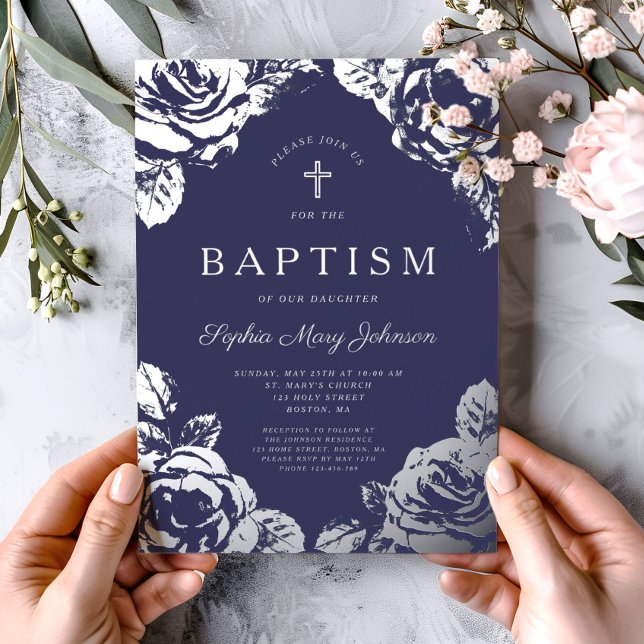 Elegant Navy Blue Silver Floral Boy Taufe Folieneinladung (Elegant Navy Blue Silver Floral Boy Baptism Foil Invitation)