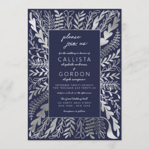 Elegant Navy Blue Silver Floral Leaf Hochzeit Einladung