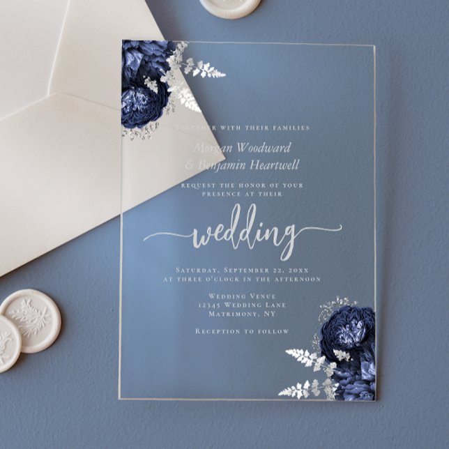 Elegant Navy Blue Silver Floral Wedding Acryleinladungen (Von Creator hochgeladen)