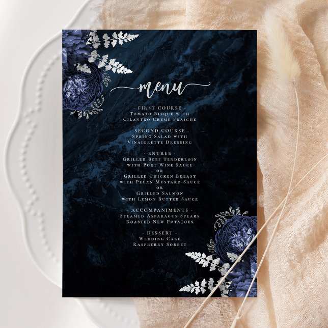 Elegant Navy Blue Silver Floral Wedding Menükarte (Von Creator hochgeladen)