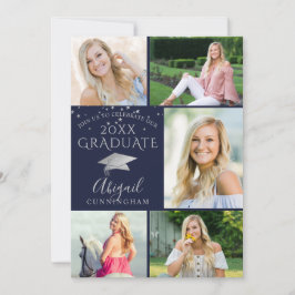 Elegant Navy Blue Silver Foto Collage Graduate Einladung