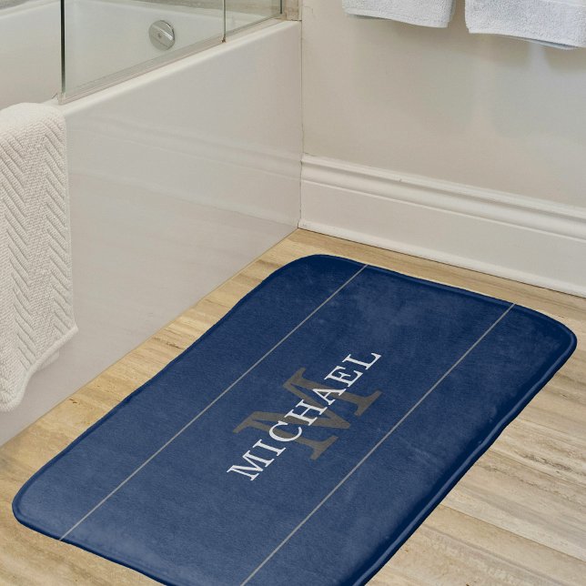Elegant Navy Blue Silver Monogram Personalisiert Badematte (Von Creator hochgeladen)