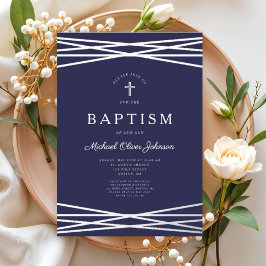 Elegant Navy Blue Silver Script Boy Taufe Folieneinladung