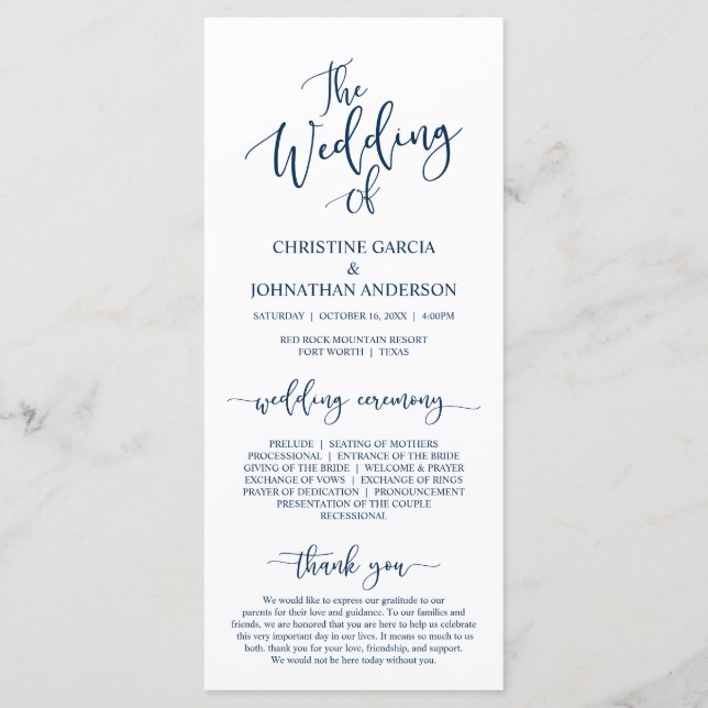 Elegant Navy Blue Skript, Hochzeitfeier Programm (Vorderseite)