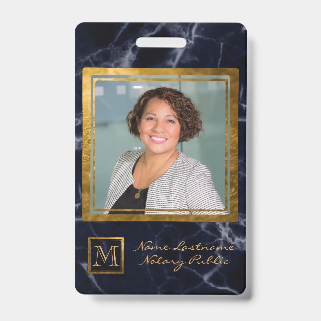 Elegant Navy Blue Square Gold Monogram Notary Ausweis (Vorderseite)