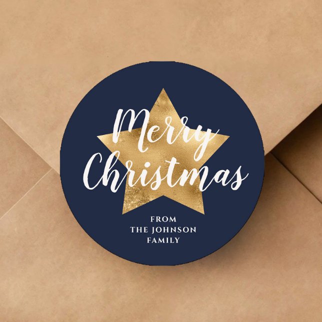 Elegant Navy Blue Star Frohe Weihnachten Runder Aufkleber (Elegant Navy Blue Star Merry Christmas Classic Round Sticker)