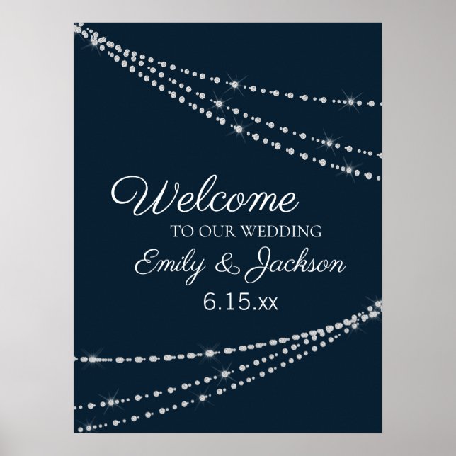 Elegant Navy Blue String Lights Hochzeit Poster (Vorne)