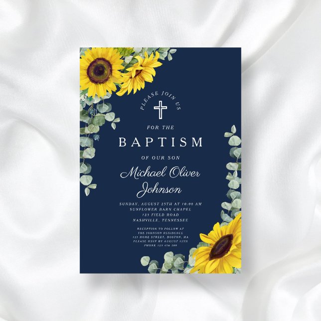 Elegant Navy Blue Sunflower Cross Taufen Einladung (Elegant Navy Blue Sunflower Cross Baptism Invitation)
