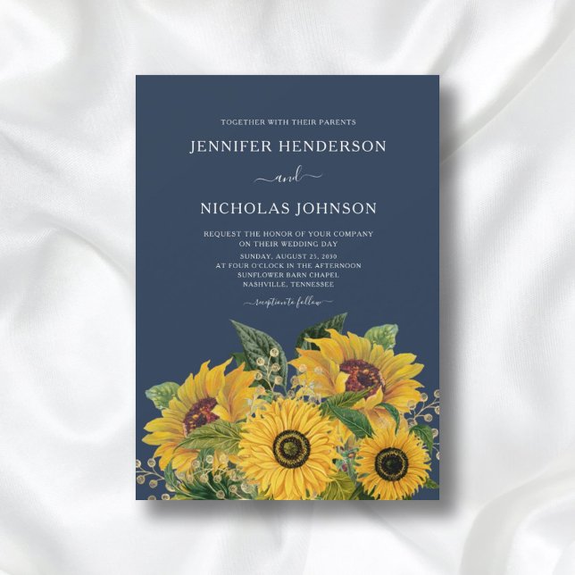Elegant Navy Blue Sunflowers Hochzeit Einladung (Von Creator hochgeladen)